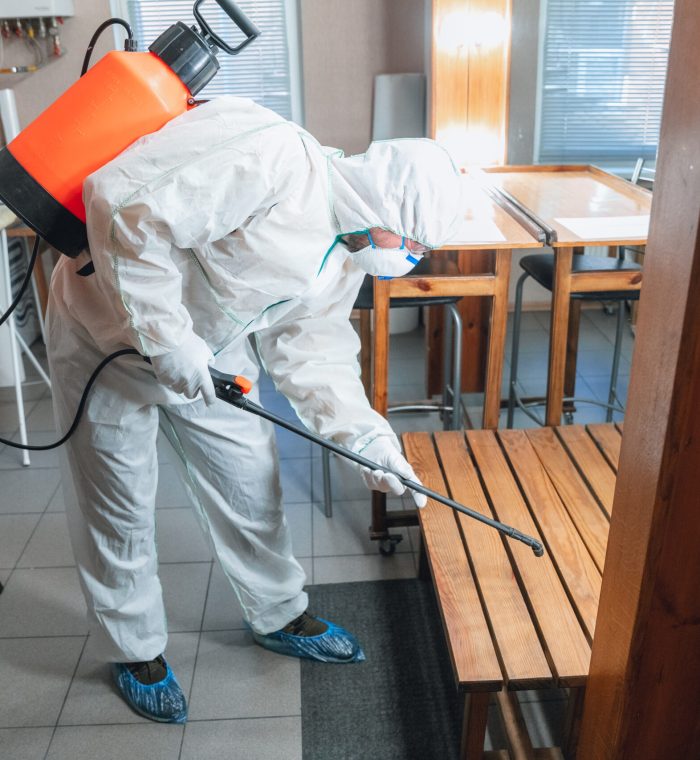 Coronavirus Pandemic. A disinfector in a protective suit and mask sprays disinfectants in house or office. Protection against COVID-19 disease. Prevention of spreding pneumonia virus with surfaces.