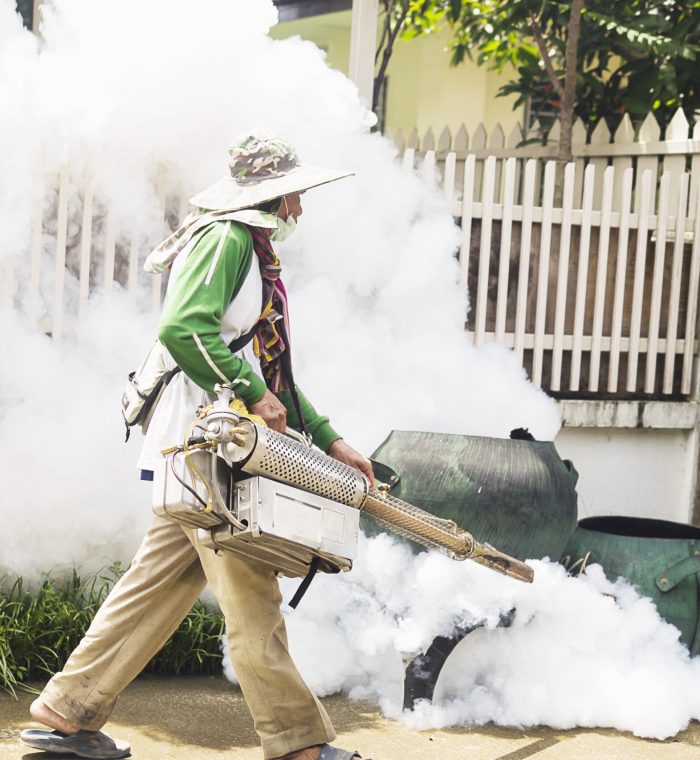 Man is using thermal fog machine to protect mosquito spreading