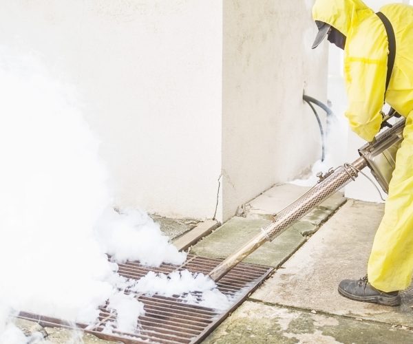 Man is using thermal fog machine to protect mosquito spreading