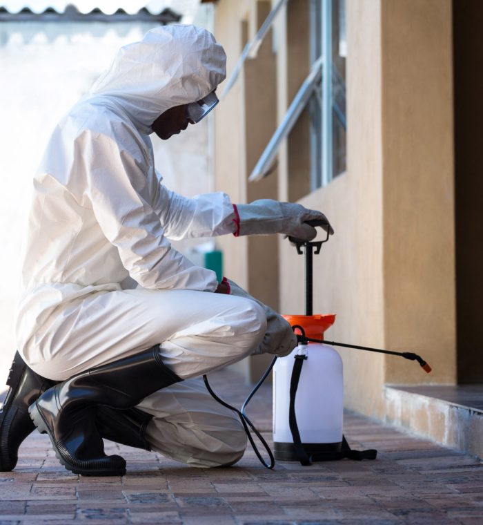 Side view of a man doing pest control at home